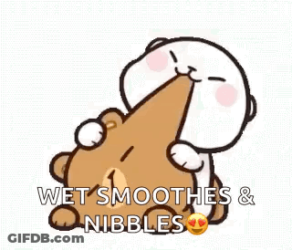 A Cartoon Of A Teddy Bear Hugging Another Teddy Bear With The Words `` Wet Smoothies & Nibbles '' . GIF