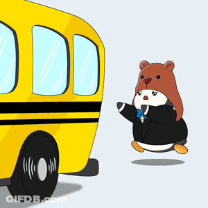 A Cartoon Of A Teddy Bear In A Suit Standing Next To A Yellow Bus GIF
