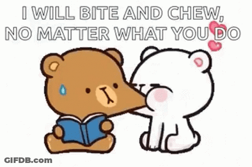 A Cartoon Of A Teddy Bear Kissing Another Teddy Bear While A Teddy Bear Is Reading A Book . GIF