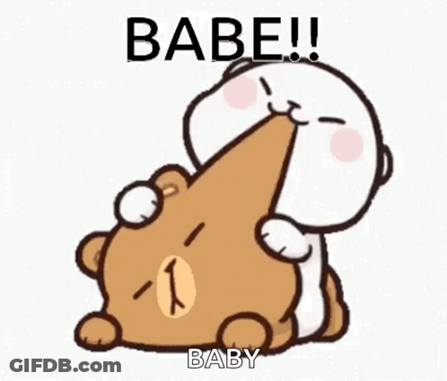 A Cartoon Of A Teddy Bear Kissing Another Teddy Bear With The Words `` Babe ! '' Written On It . GIF
