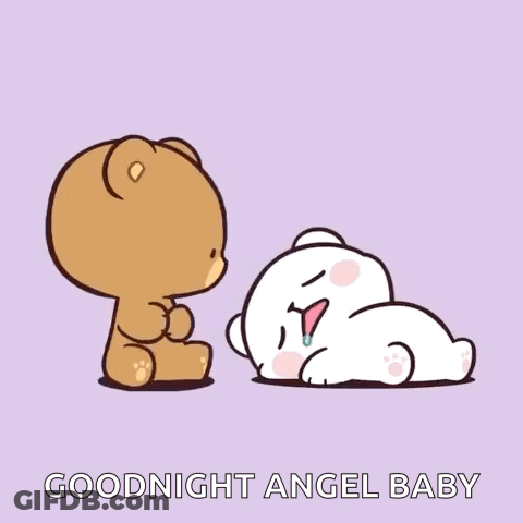 A Cartoon Of A Teddy Bear Kissing Another Teddy Bear With The Words Goodnight Angel Baby Above Them GIF