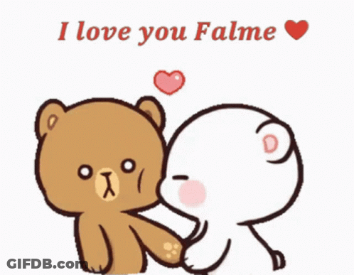 A Cartoon Of A Teddy Bear Kissing Another Teddy Bear With The Words " I Love You Falme " On The Bottom GIF