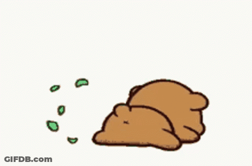 A Cartoon Of A Teddy Bear Laying Down With A Green Bubble Coming Out Of Its Mouth . GIF