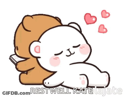 A Cartoon Of A Teddy Bear Laying On Top Of Another Teddy Bear With Hearts Flying Around Them . GIF