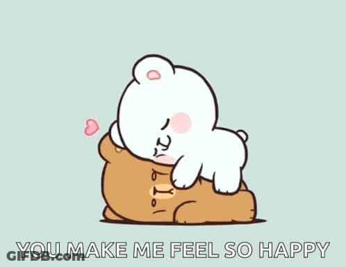 A Cartoon Of A Teddy Bear Laying On Top Of Another Teddy Bear With The Words `` You Make Me Feel So Happy '' . GIF