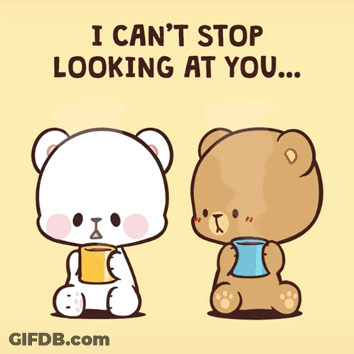A Cartoon Of A Teddy Bear Looking At A Laptop With The Words " Even When You 'Re Not Here " Above Him GIF