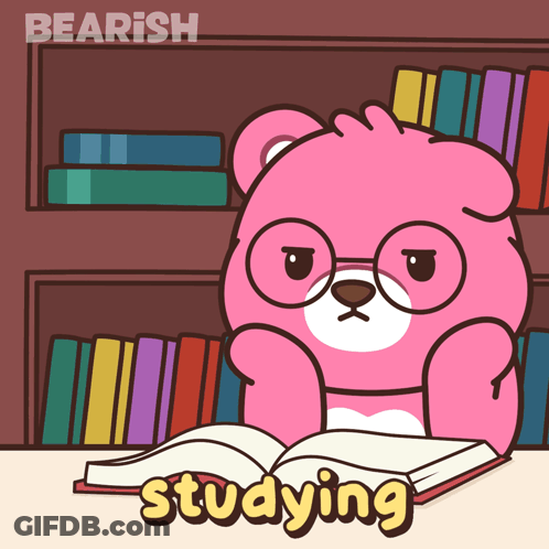 A Cartoon Of A Teddy Bear Reading A Book With The Word Studying Underneath GIF