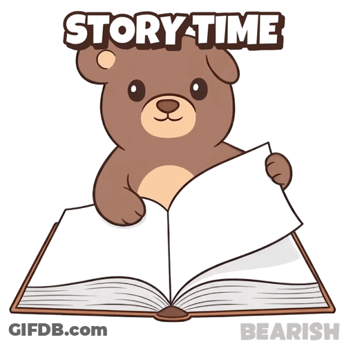 A Cartoon Of A Teddy Bear Reading A Book With The Words Story Time Beneath It GIF