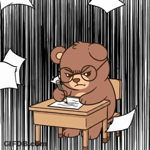 A Cartoon Of A Teddy Bear Sitting At A Desk Writing GIF