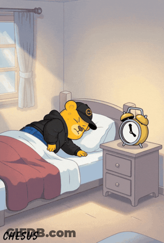 A Cartoon Of A Teddy Bear Sleeping Next To An Alarm Clock With The Word Chesus Below It GIF