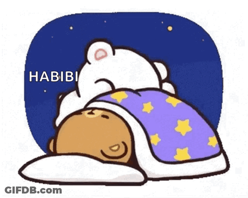 A Cartoon Of A Teddy Bear Sleeping Under A Blanket With The Words Habibi Written On The Bottom GIF