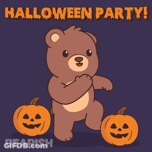 A Cartoon Of A Teddy Bear Standing Next To Pumpkins With The Words Halloween Party Below It GIF