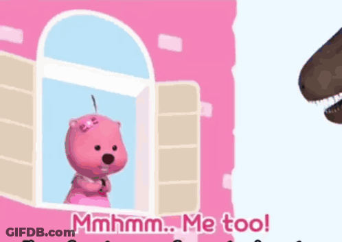 A Cartoon Of A Teddy Bear Talking To A Dinosaur With The Words " Mhmm Me Too " On The Bottom GIF