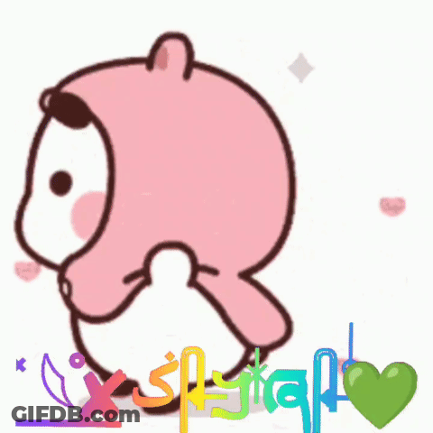 A Cartoon Of A Teddy Bear Wearing A Pink Hat With The Words Xslytaf Written On It GIF