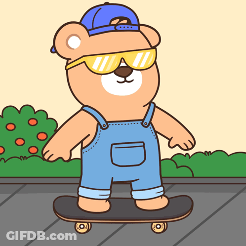 A Cartoon Of A Teddy Bear Wearing Overalls And Sunglasses Riding A Skateboard GIF