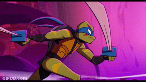A Cartoon Of A Teenage Mutant Ninja Turtle With Two Swords GIF