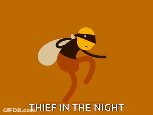 A Cartoon Of A Thief With The Words Thief In The Night Underneath Him GIF