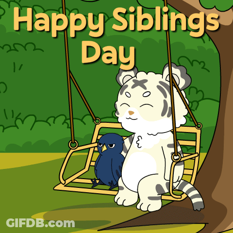 A Cartoon Of A Tiger And A Bird On A Swing With The Words Happy Siblings Day Below Them GIF