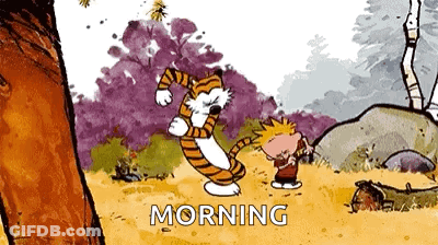 A Cartoon Of A Tiger And A Boy Standing Next To Each Other With The Words Morning Written In The Corner . GIF