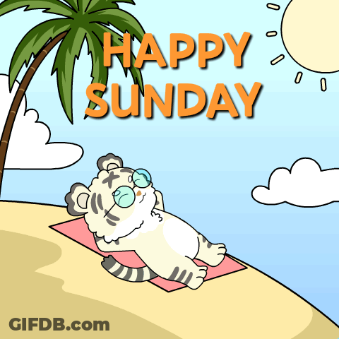 A Cartoon Of A Tiger Laying On A Beach With The Words Happy Sunday Above It GIF