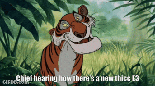 A Cartoon Of A Tiger With A Caption That Says Chief Hearing How There 'S A New Thicc E3 GIF