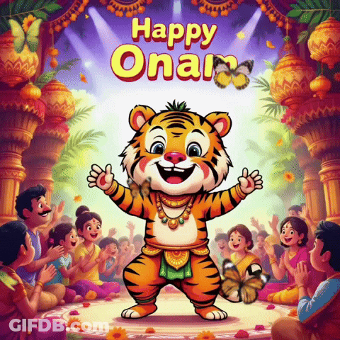 A Cartoon Of A Tiger With The Words Happy Onam Written On The Bottom GIF