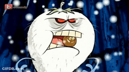 A Cartoon Of A Tomato With A Brown Ball In Its Mouth And The Word Comedy On The Bottom GIF