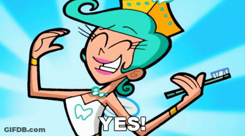 A Cartoon Of A Tooth Fairy Holding A Toothbrush With The Words Yes Written Below Her GIF