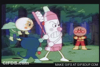 A Cartoon Of A Toothpaste Holding A Toothbrush Standing Next To An Anpanman GIF