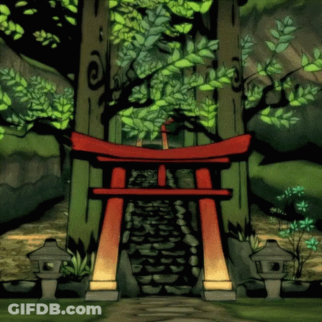 A Cartoon Of A Torii Gate In A Forest GIF