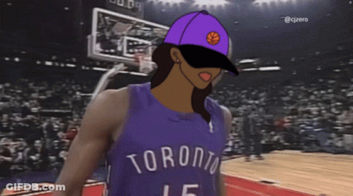A Cartoon Of A Toronto Basketball Player Wearing A Purple Cap GIF