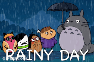 A Cartoon Of A Totoro Holding An Umbrella With The Words " Rainy Day " Below It GIF