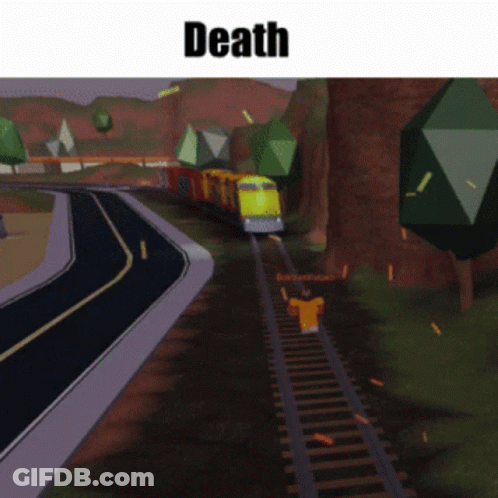 A Cartoon Of A Train Going Down The Tracks With The Word Death Below It GIF