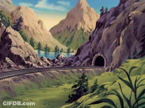 A Cartoon Of A Train Going Through A Tunnel In The Mountains GIF