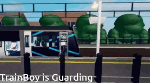 A Cartoon Of A Train With The Words Trainboy Is Guarding GIF