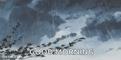 A Cartoon Of A Tree In The Rain And The Words `` Good Morning '' . GIF