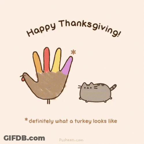 A Cartoon Of A Turkey And A Cat With The Words `` Happy Thanksgiving '' . GIF