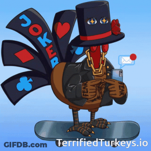 A Cartoon Of A Turkey Wearing A Top Hat And Chains GIF