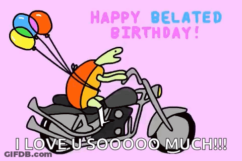 A Cartoon Of A Turtle Riding A Motorcycle With Balloons Attached To It . GIF