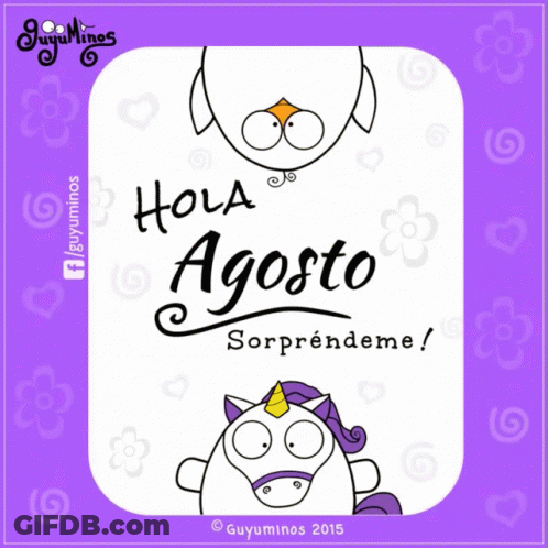 A Cartoon Of A Unicorn And A Penguin With The Words Hola Agosto Written On It GIF