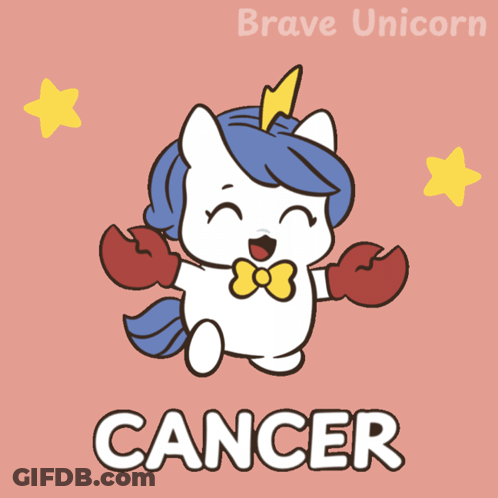 A Cartoon Of A Unicorn Holding A Crab With The Word Cancer Below It GIF