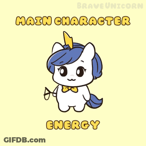 A Cartoon Of A Unicorn Holding A Heart With The Words Main Character Energy Underneath It GIF
