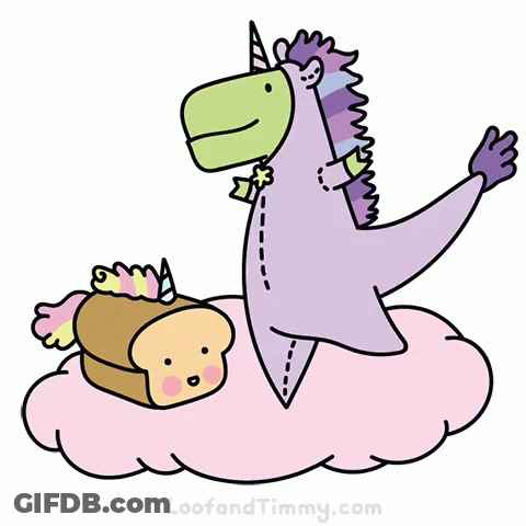 A Cartoon Of A Unicorn Sitting On A Cloud With A Loaf Of Bread GIF