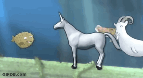 A Cartoon Of A Unicorn Standing Next To A Goat GIF