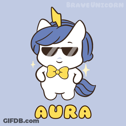 A Cartoon Of A Unicorn Wearing Sunglasses And A Bow Tie Says Aura GIF
