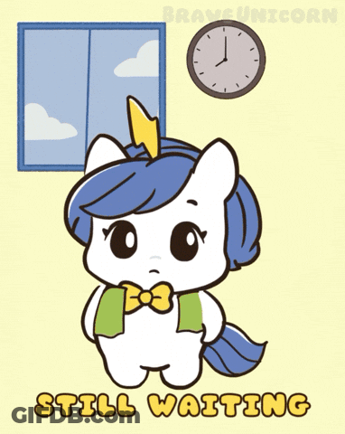 A Cartoon Of A Unicorn With The Words Still Waiting Underneath GIF