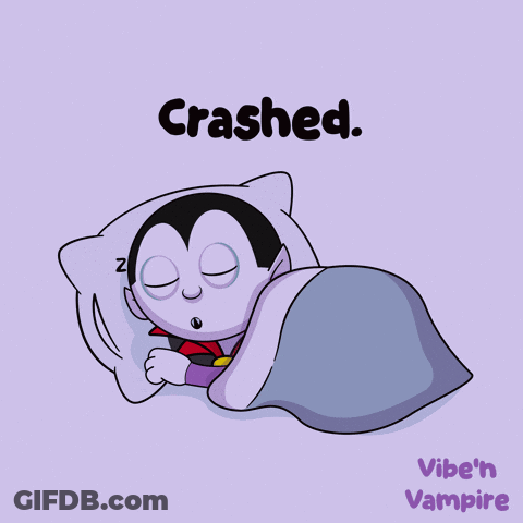 A Cartoon Of A Vampire Sleeping Under A Blanket With The Caption Crashed GIF