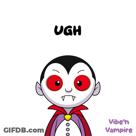A Cartoon Of A Vampire With Red Eyes And The Word Ugh Above Him GIF