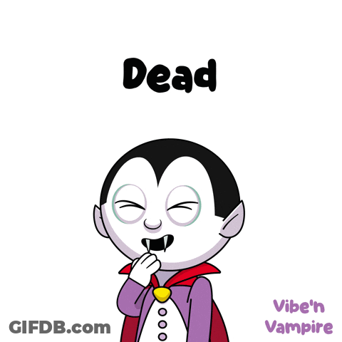 A Cartoon Of A Vampire With The Word Dead Underneath Him GIF