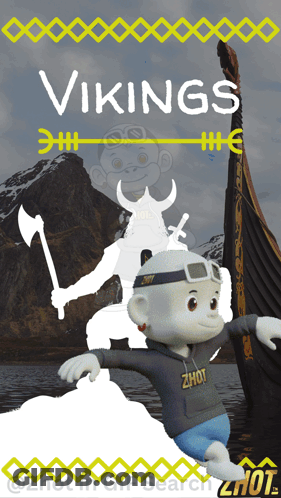 A Cartoon Of A Viking Holding An Axe With The Word Vikings Above Him GIF
